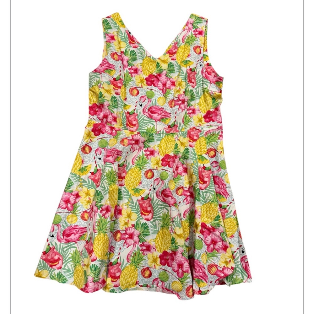 Tropical Pink & Yellow Flamingo V-Neck Fit and Flare Casual Dress
